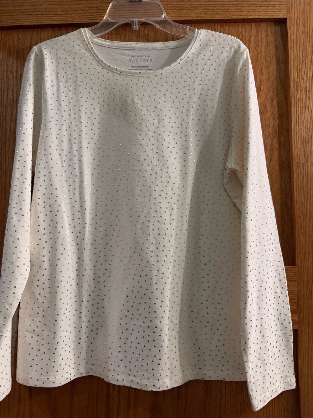 Talbots Cream Long Sleeve Tee with Metallic Gold Dot Print